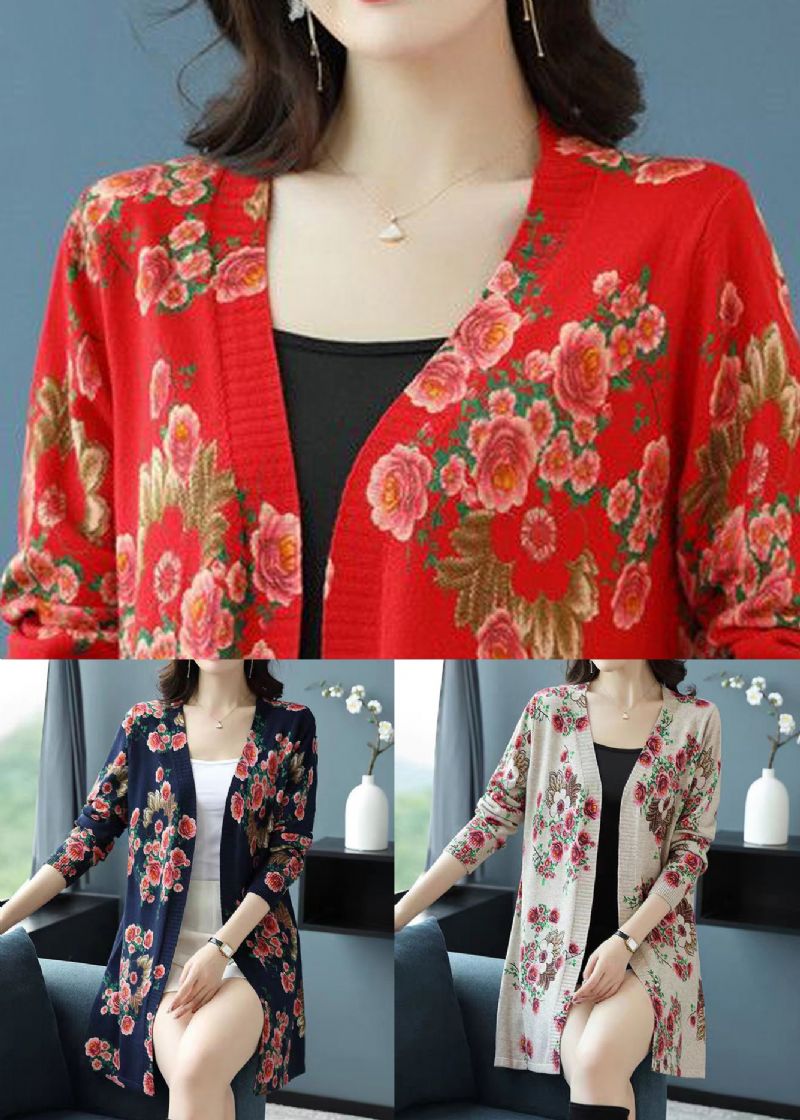 Dames Rood Wollen Gebreid Vest Met V-hals En Lange Mouwen - Dames cardigans