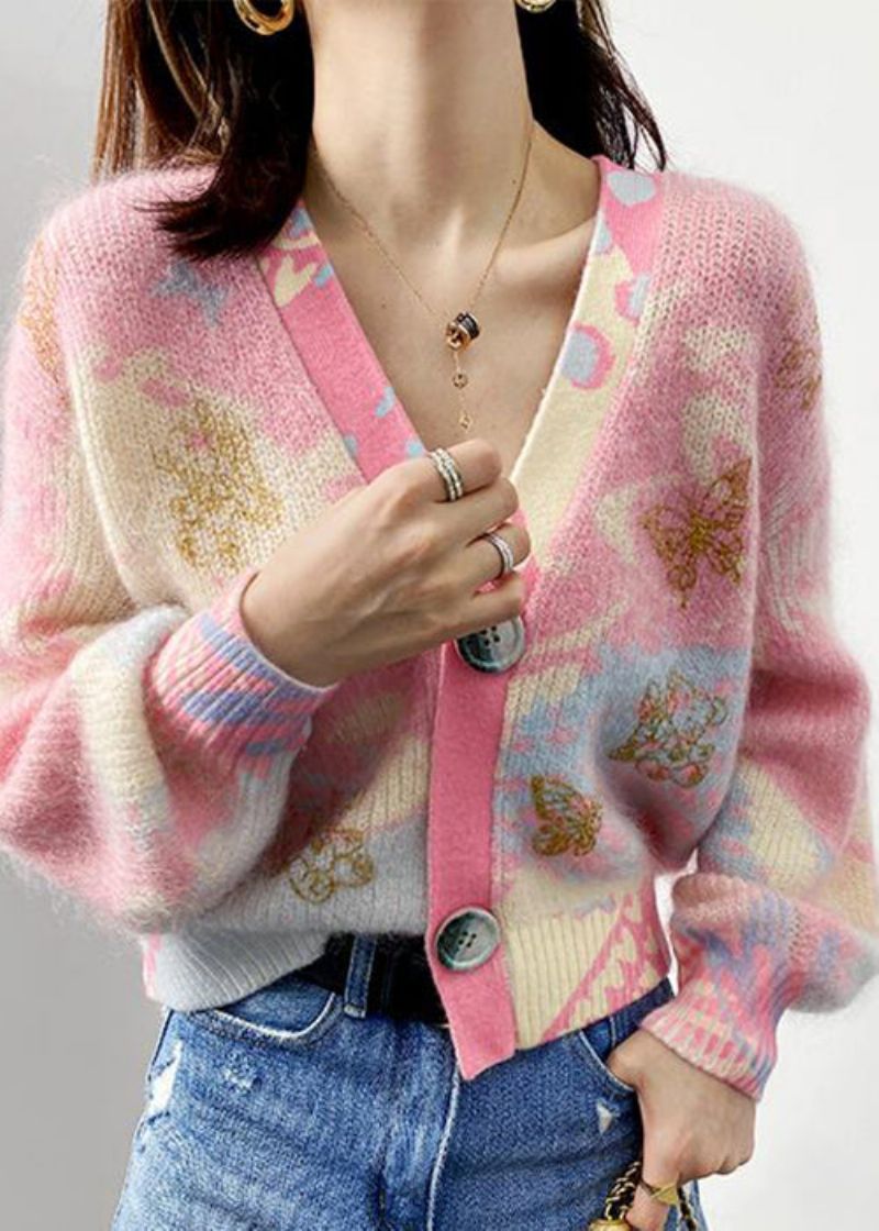 Dames Roze V-hals Knop Patchwork Katoen Gebreide Jassen Met Lange Mouwen - Dames cardigans