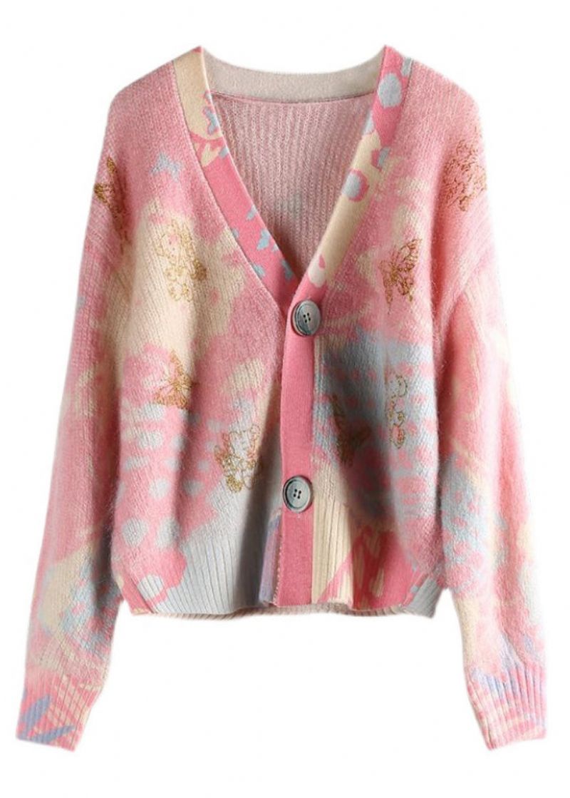 Dames Roze V-hals Knop Patchwork Katoen Gebreide Jassen Met Lange Mouwen - Dames cardigans