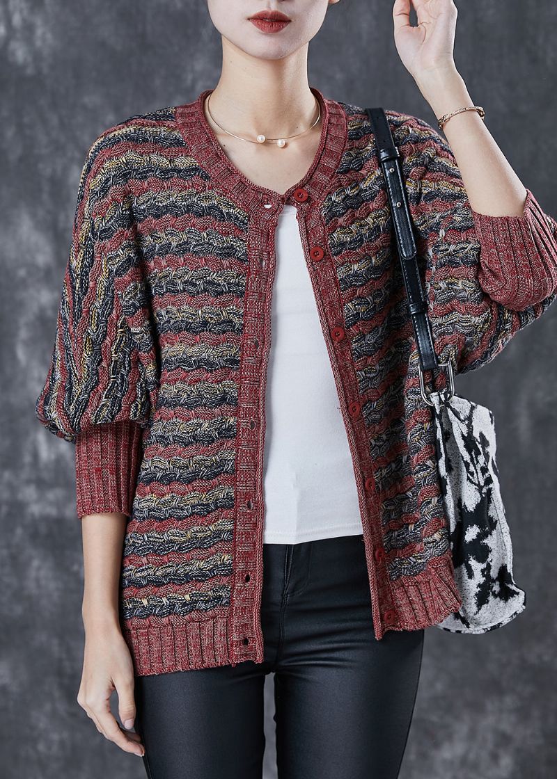 Dames Steenrood Oversized Gestreepte Gebreide Vesten Lente - Dames cardigans