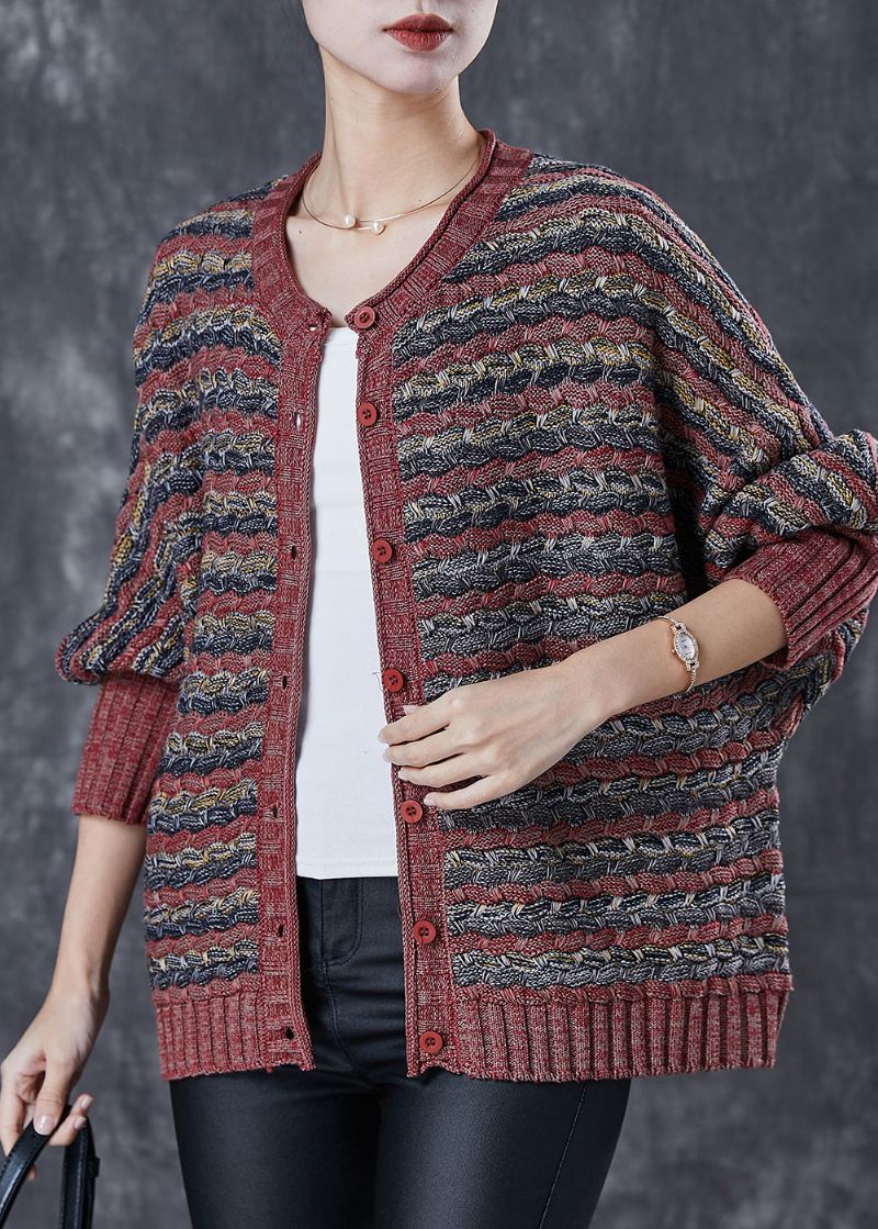 Dames Steenrood Oversized Gestreepte Gebreide Vesten Lente - Dames cardigans