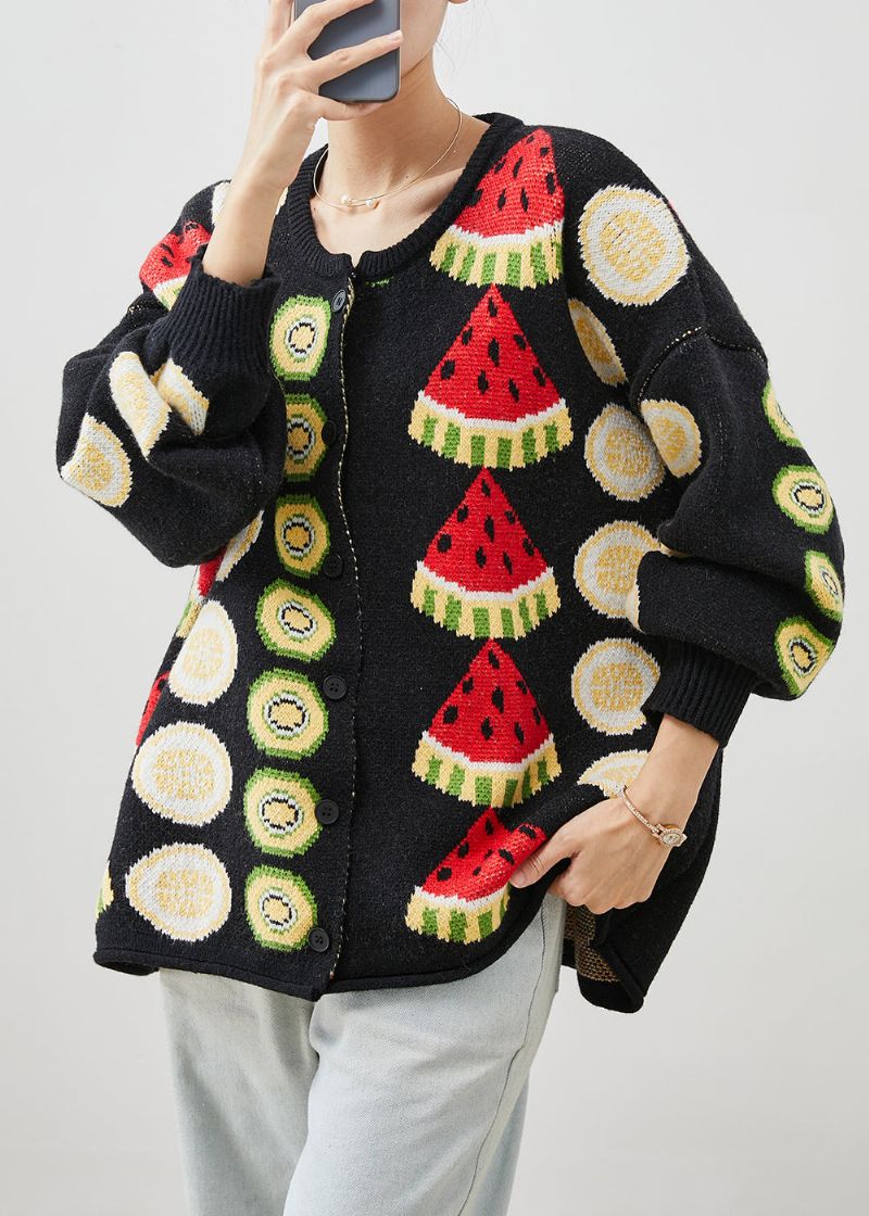 Dames Zwart Fruitprint Oversized Gebreide Vesten Winter