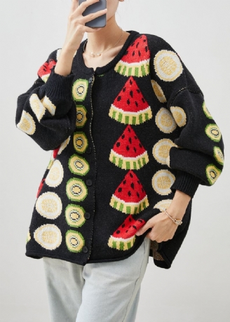 Dames Zwart Fruitprint Oversized Gebreide Vesten Winter