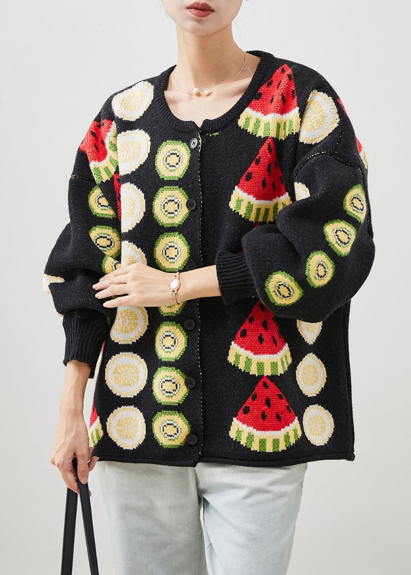 Dames Zwart Fruitprint Oversized Gebreide Vesten Winter - Dames cardigans