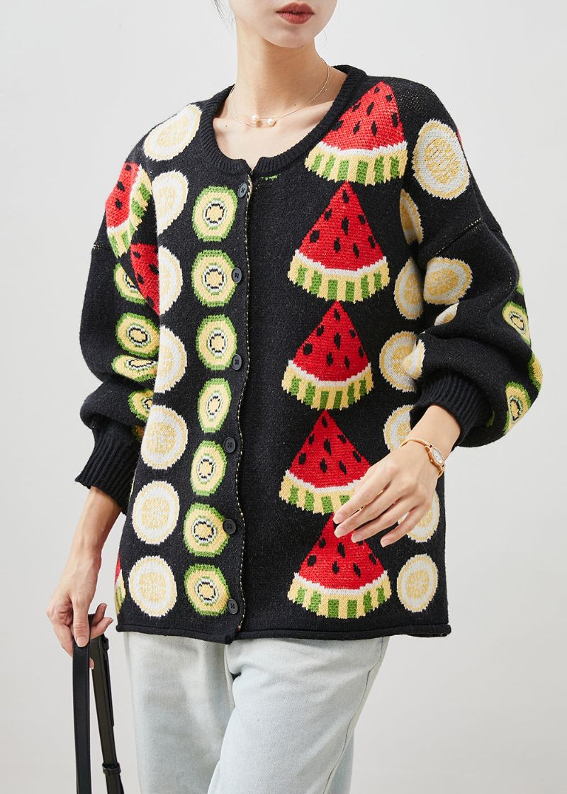 Dames Zwart Fruitprint Oversized Gebreide Vesten Winter - Dames cardigans