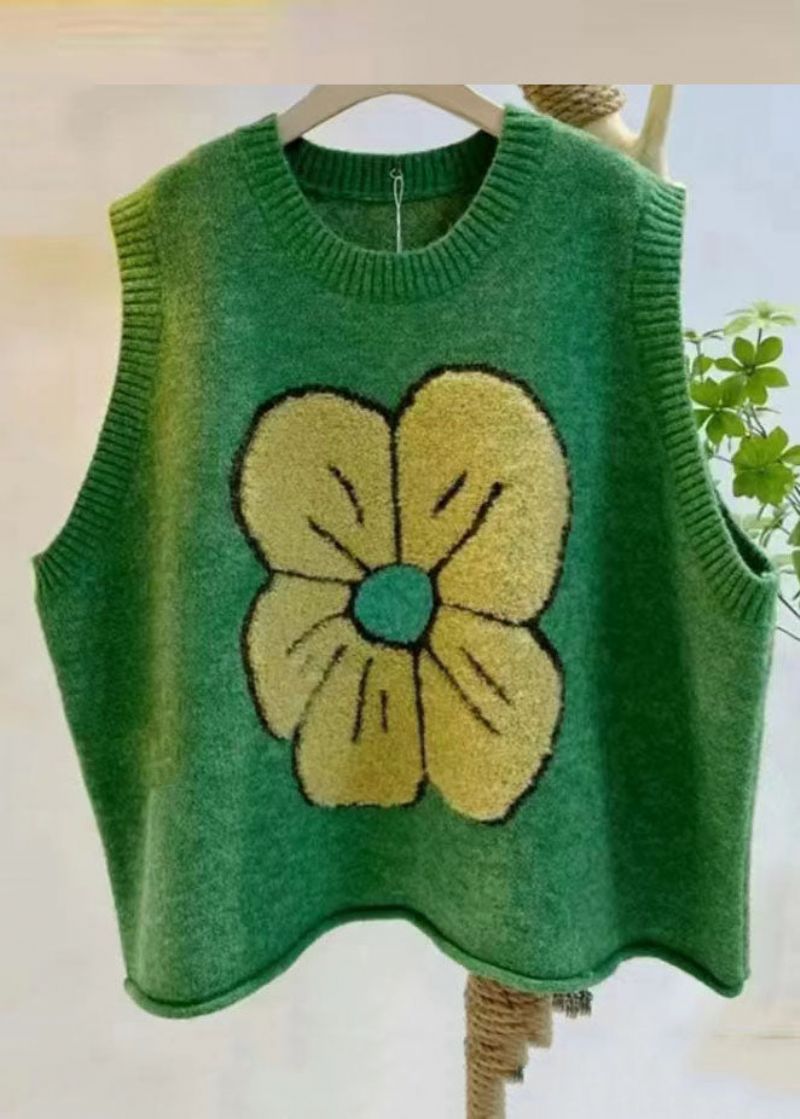 Diy Groen Katoenen Gebreid Vest Met O-hals En Print Herfst - Groen