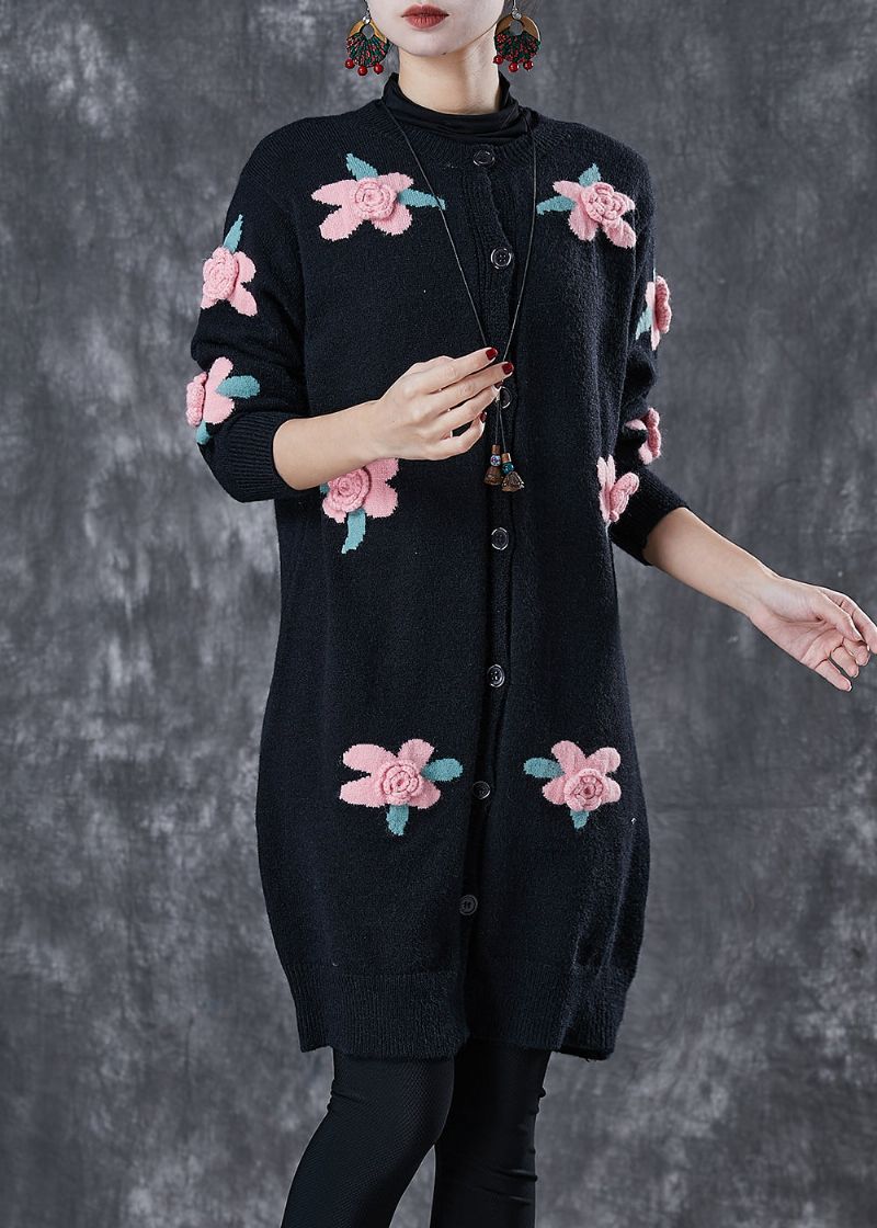 Diy Zwart Stereoscopisch Bloemen Gebreid Vest Lente - Dames cardigans