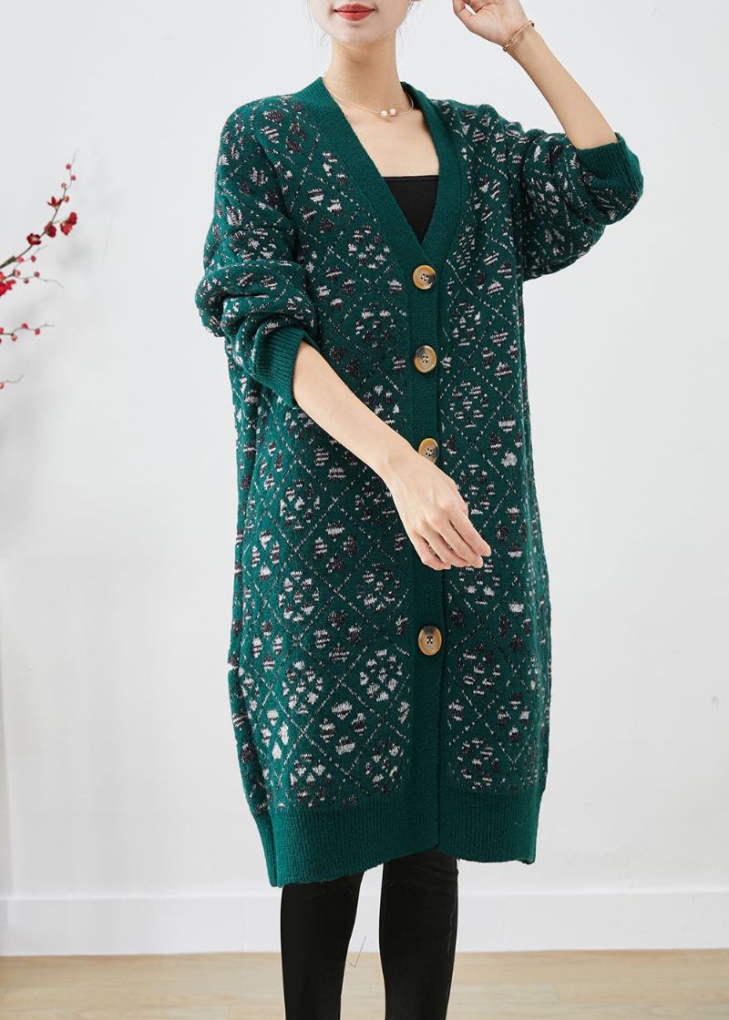 Diy Zwartachtig Groene Printknop Warm Gebreide Losse Jas Herfst - Dames cardigans