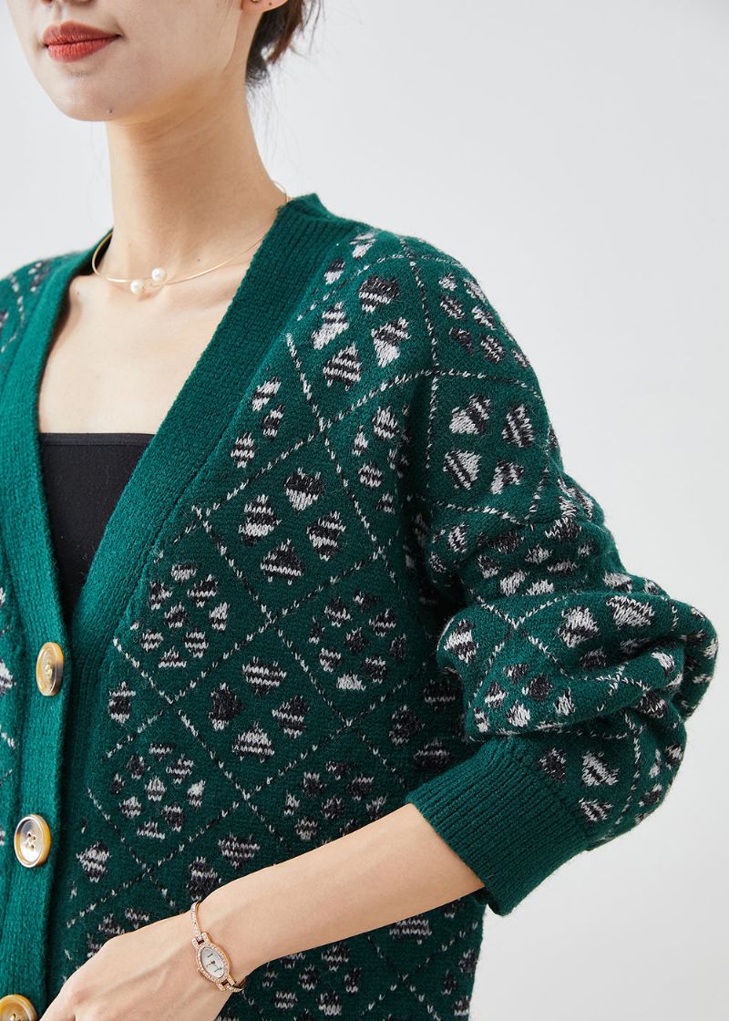 Diy Zwartachtig Groene Printknop Warm Gebreide Losse Jas Herfst - Dames cardigans