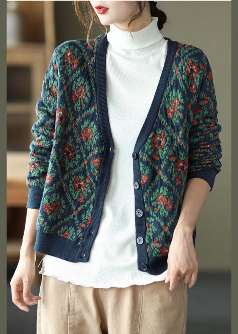 Eenvoudige Blauwe V-hals Print Gebreide Losse Vesten Lente - Dames cardigans