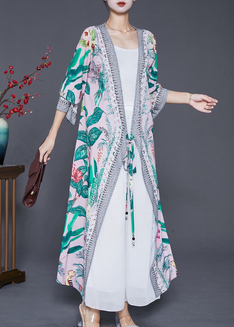 Elegant Groen Bladprint Chiffon Lang Vest Met Veters Herfst