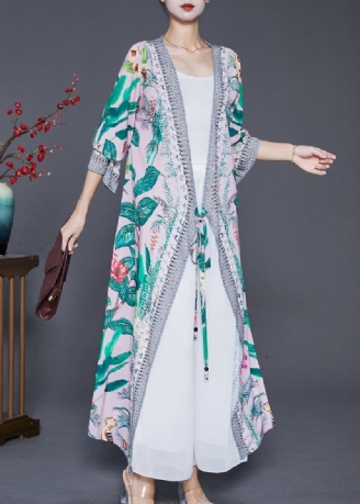 Elegant Groen Bladprint Chiffon Lang Vest Met Veters Herfst