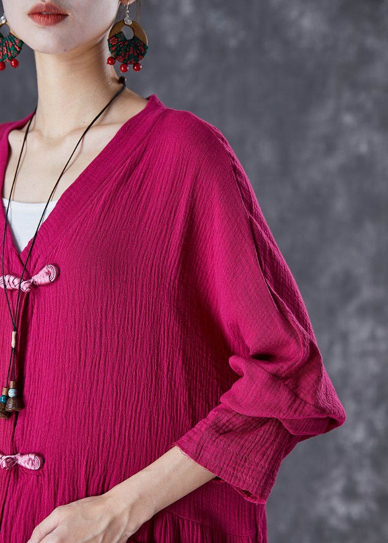 Elegant Roze Chinese Knoop Gerimpeld Linnen Lang Vest Herfst - Dames cardigans