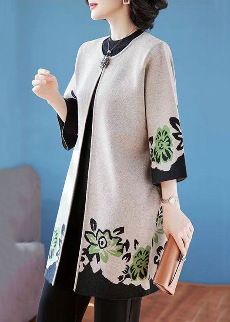 Elegante Camelkleurige Gebreide Vesten Met O-hals Print En Patchwork Herfst - Dames cardigans