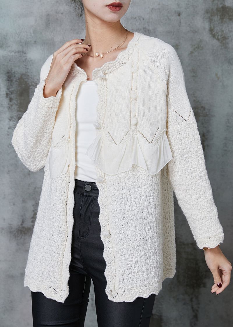 Elegante Witte Ruches Patchwork Gebreide Jas Uitloper Lente - Dames cardigans