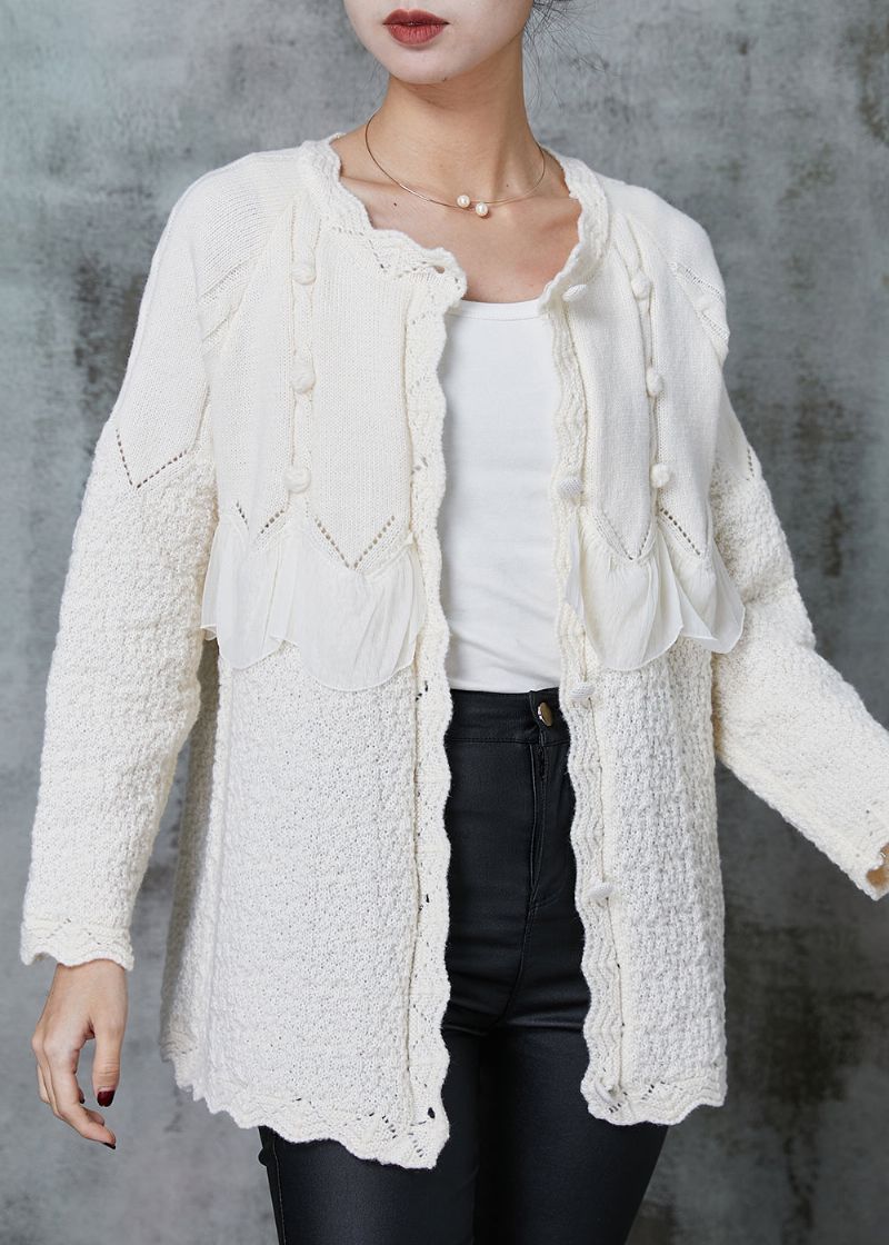 Elegante Witte Ruches Patchwork Gebreide Jas Uitloper Lente - Dames cardigans