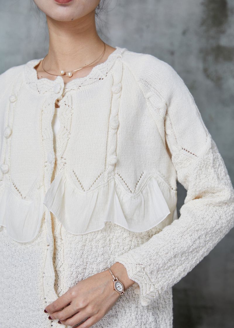 Elegante Witte Ruches Patchwork Gebreide Jas Uitloper Lente - Dames cardigans