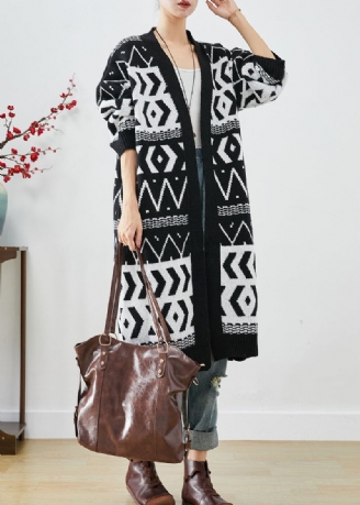 Elegante Zwarte Oversized Print Gebreide Lange Vesten Herfst