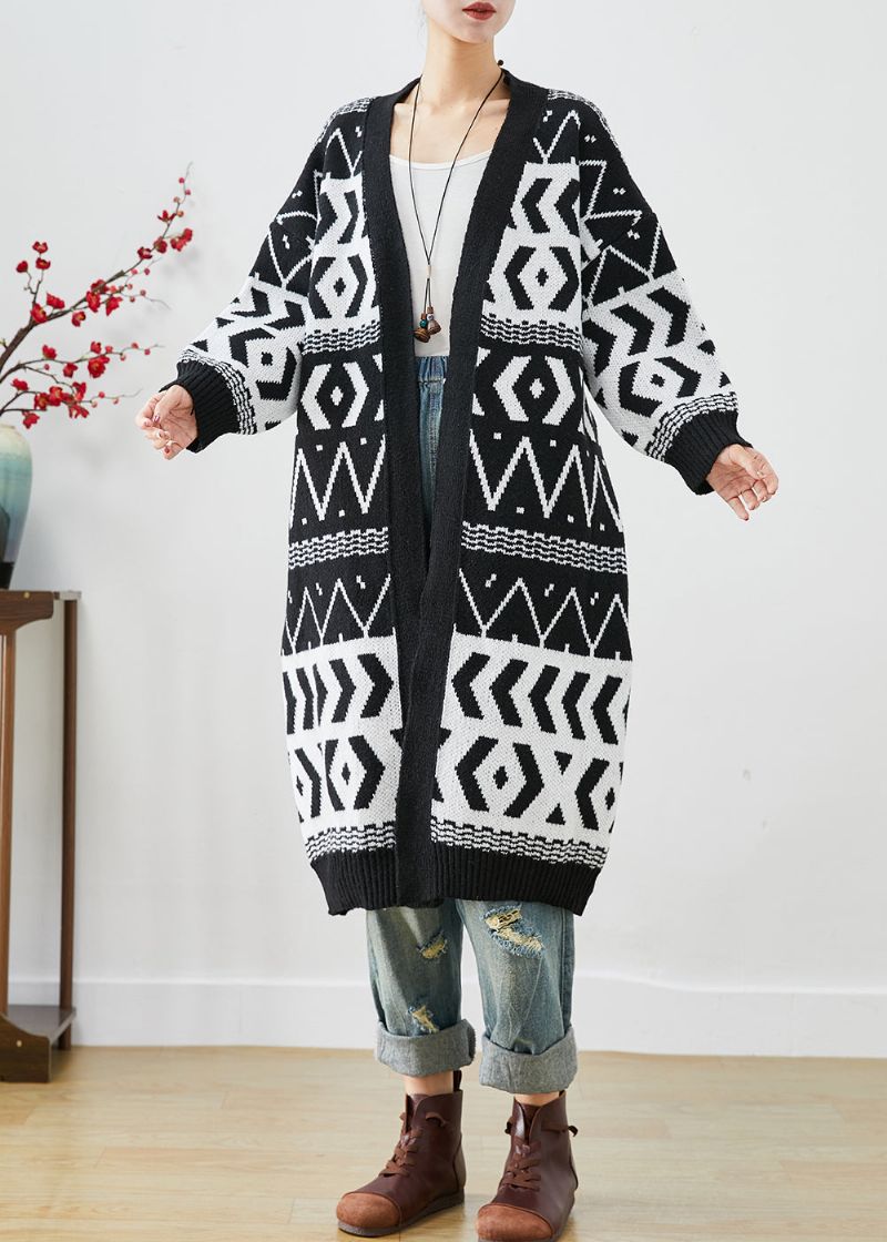 Elegante Zwarte Oversized Print Gebreide Lange Vesten Herfst - Dames cardigans