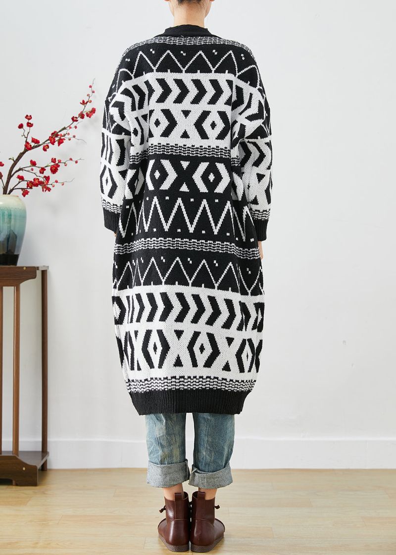 Elegante Zwarte Oversized Print Gebreide Lange Vesten Herfst - Dames cardigans