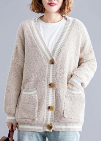 Esthetische Beige Gebreide Uitloper Met V-hals Oversized Herfst