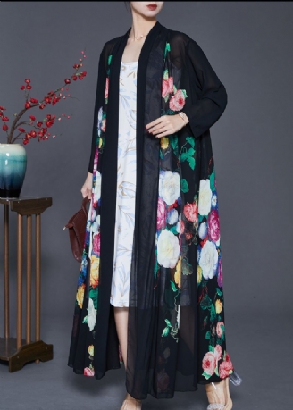 Fijne Zwarte Oversized Print Chiffon Upf 50+ Jasvest Lente