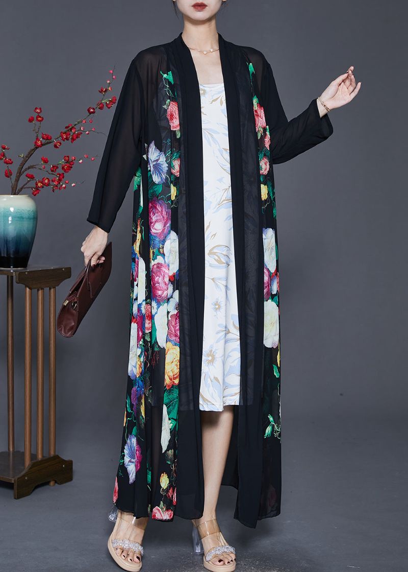 Fijne Zwarte Oversized Print Chiffon Upf 50+ Jasvest Lente - Dames cardigans