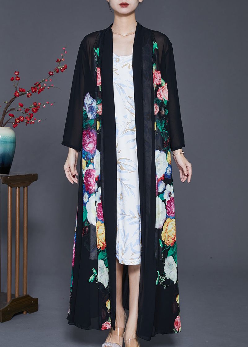 Fijne Zwarte Oversized Print Chiffon Upf 50+ Jasvest Lente - Dames cardigans