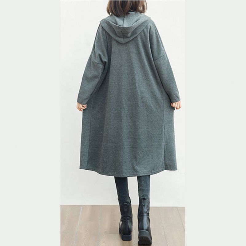 Fijne Zwarte Wollen Kleding Oversized Grote Zakken Lange Jassen Met Capuchon - Blauw