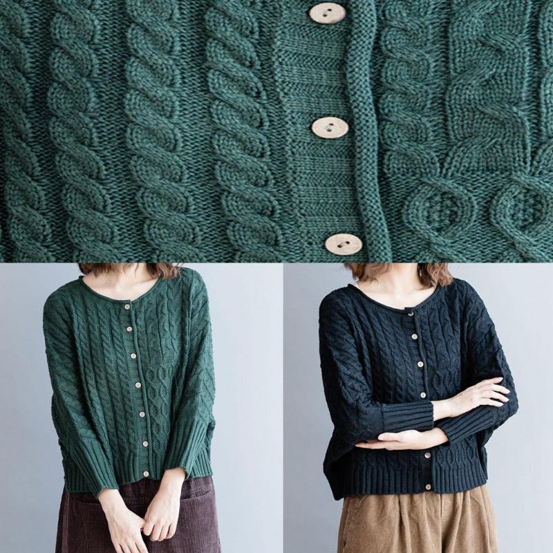 For Work Zwarte Gebreide Blouse Met O-hals Oversized Trui Met Vleermuismouwen - Zwartachtig Groen