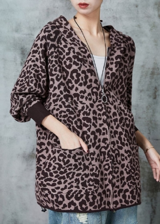 Frans Kaki Oversized Gebreid Vest Met Luipaardprint Lente