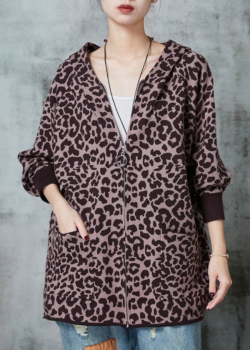 Frans Kaki Oversized Gebreid Vest Met Luipaardprint Lente - Dames cardigans