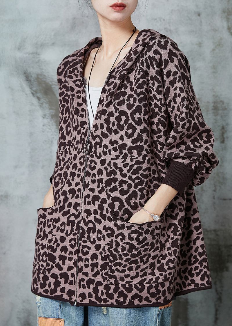 Frans Kaki Oversized Gebreid Vest Met Luipaardprint Lente - Dames cardigans