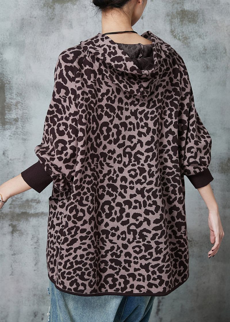 Frans Kaki Oversized Gebreid Vest Met Luipaardprint Lente - Dames cardigans