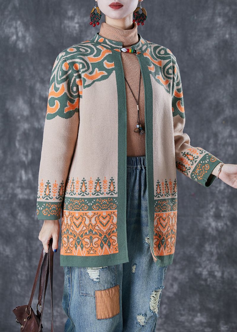 Frans Licht Camel Oversized Katoenen Vest Met Print Herfst - Dames cardigans