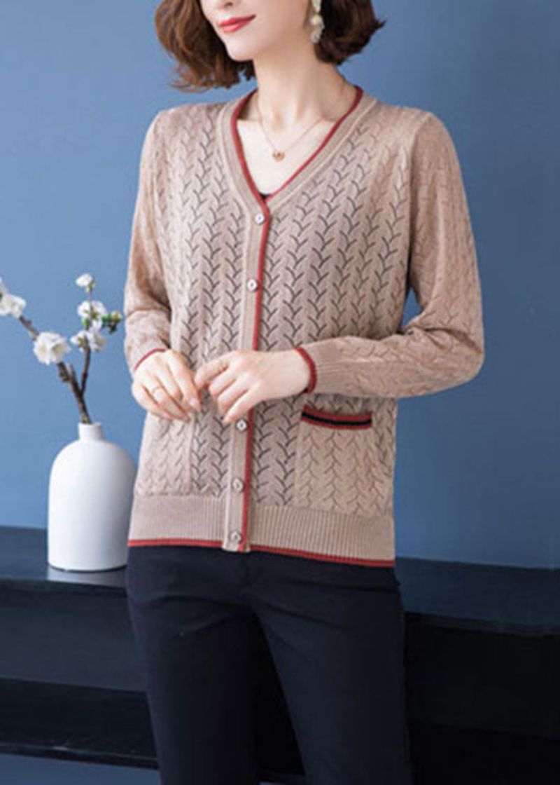 Frans Licht Camel V-halszakken Uitgehold Patchwork Dun Gebreid Vest Herfst - Dames cardigans