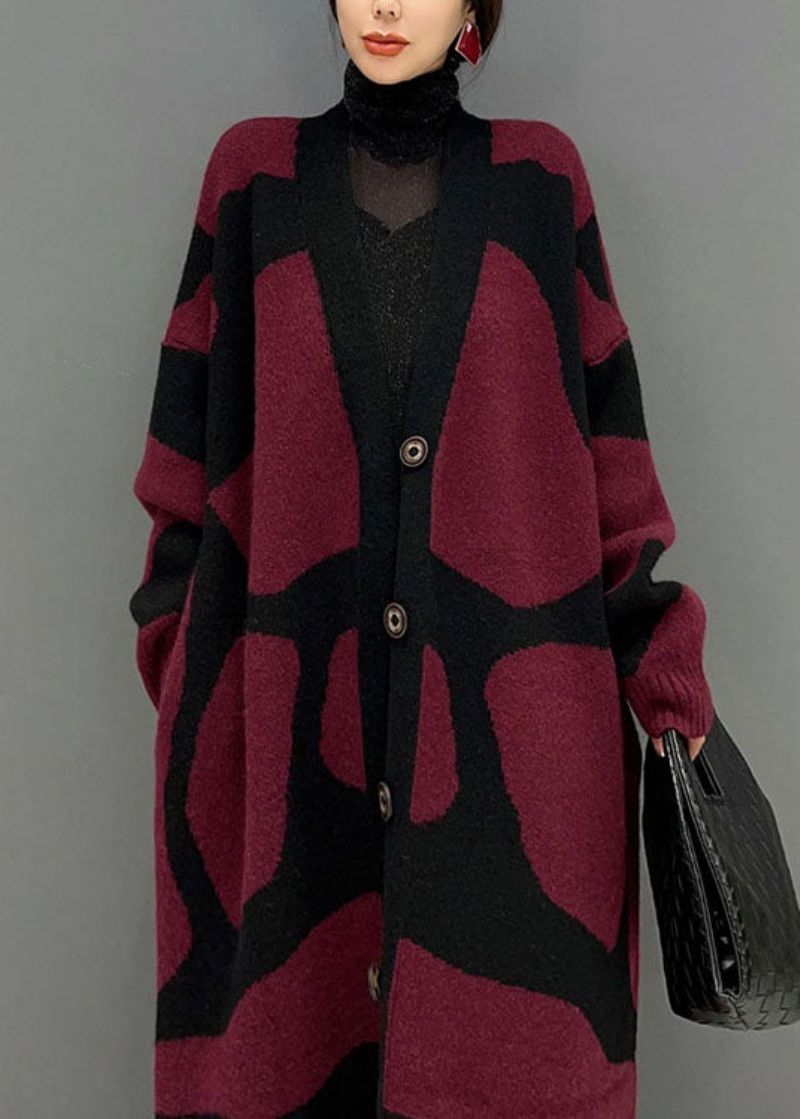 Frans Rood Oversized Gebreid Lang Vest Met Print Winter - Dames cardigans