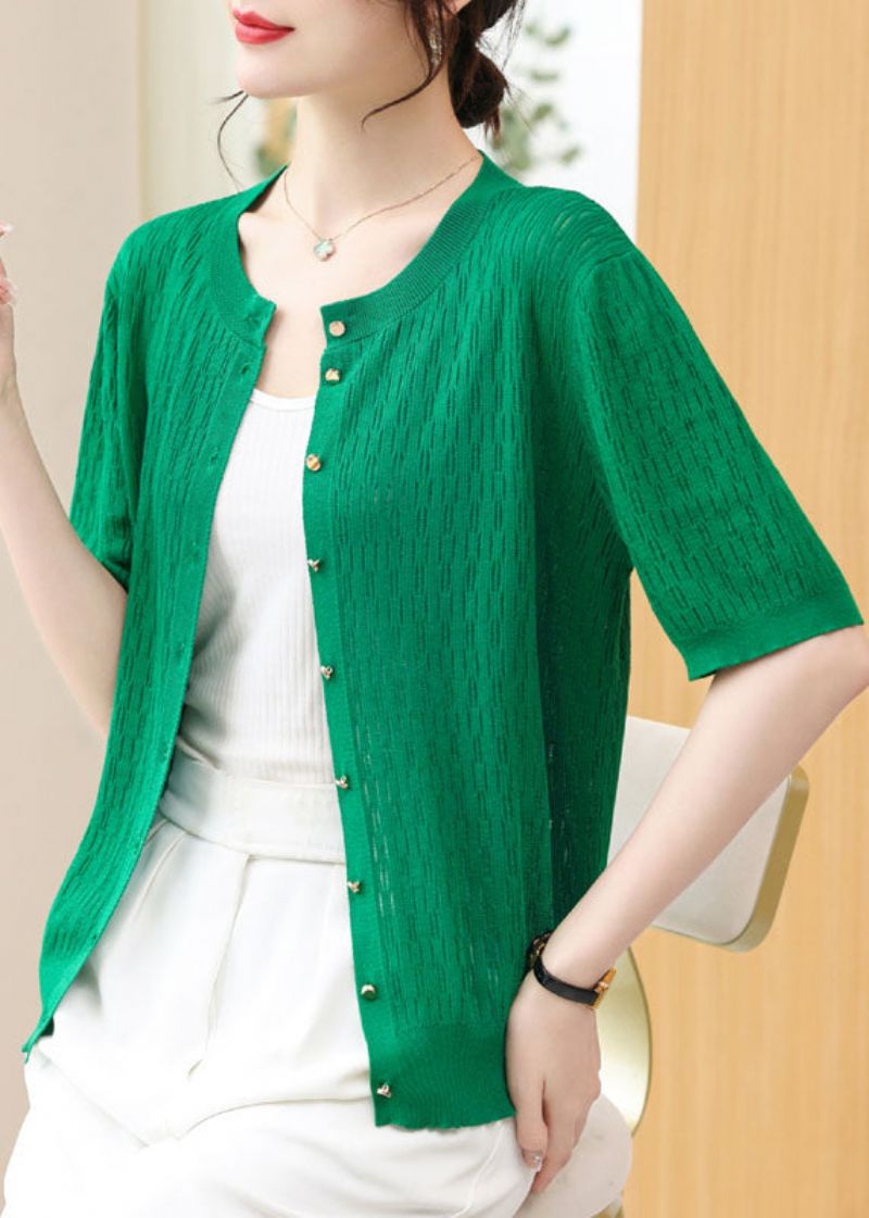 Franse Groene O-hals Knoop Patchwork Gebreide Vesten Zomer - Dames cardigans