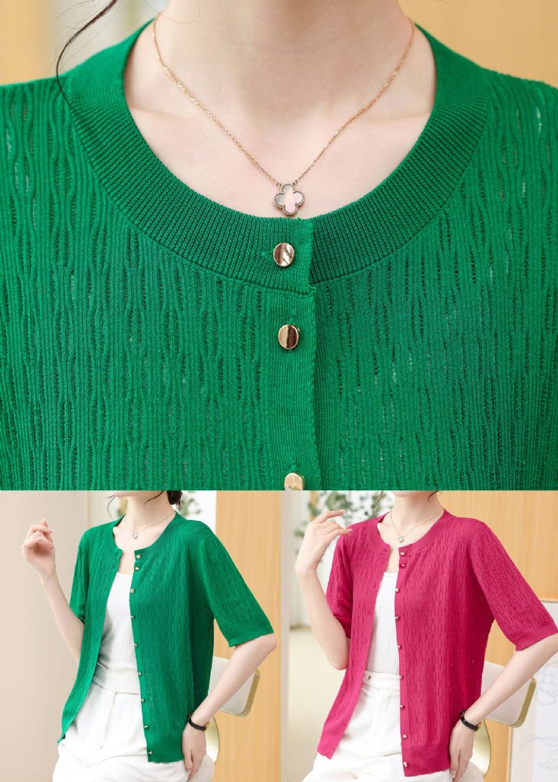 Franse Groene O-hals Knoop Patchwork Gebreide Vesten Zomer - Dames cardigans