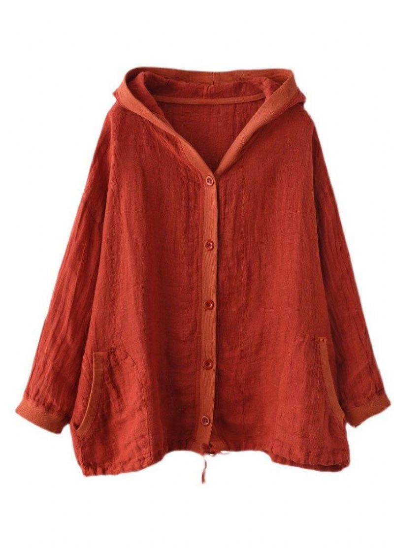 Franse Ramee-shirt Met Lange Mouwen En Rode Knop Met Capuchon - Rood