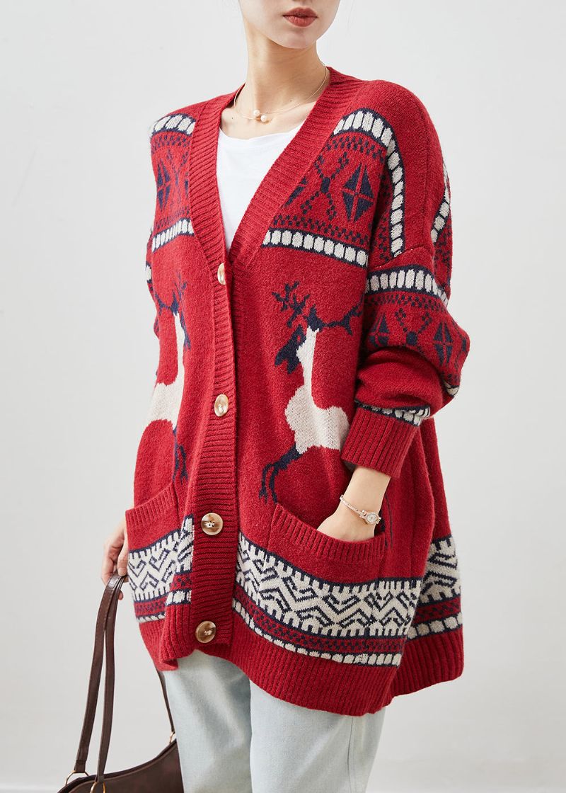 Gebreide Vesten Met Rode Print V-hals Zakken Winter - Dames cardigans