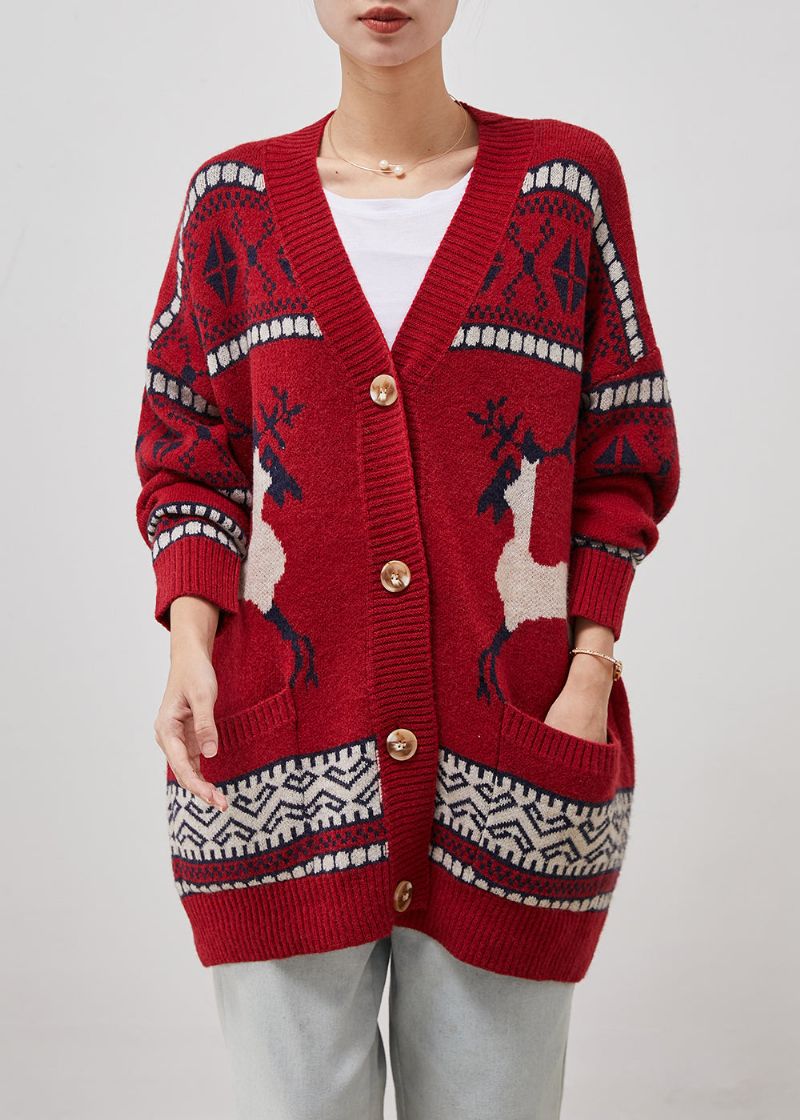 Gebreide Vesten Met Rode Print V-hals Zakken Winter - Dames cardigans