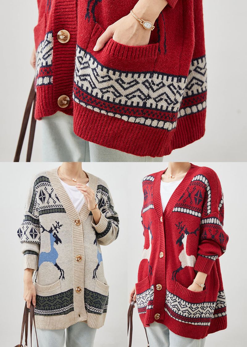 Gebreide Vesten Met Rode Print V-hals Zakken Winter - Dames cardigans