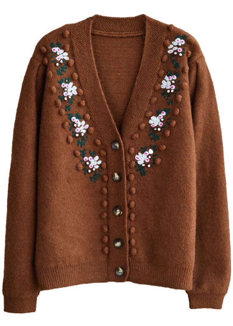 Getailleerde Chocolade Geborduurde Knoopgebreide Truien Jas Winter - Dames cardigans