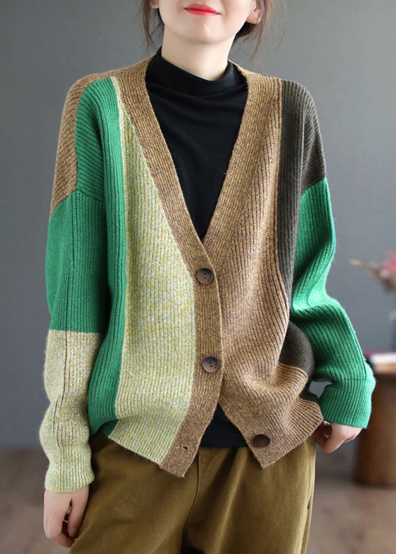 Groen Patchwork Gebreid Vest Met V-hals En Lange Mouw - Dames cardigans