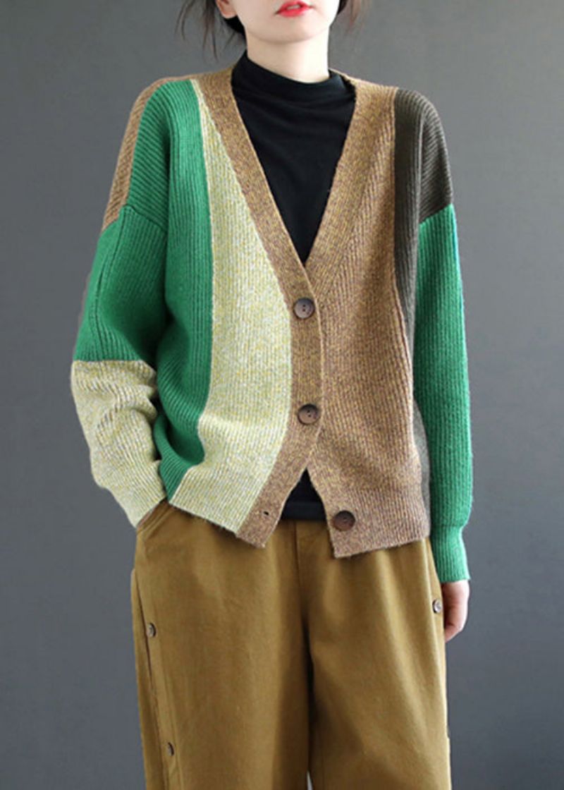 Groen Patchwork Gebreid Vest Met V-hals En Lange Mouw - Dames cardigans