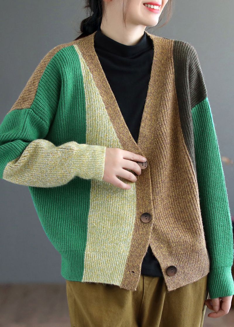 Groen Patchwork Gebreid Vest Met V-hals En Lange Mouw - Dames cardigans