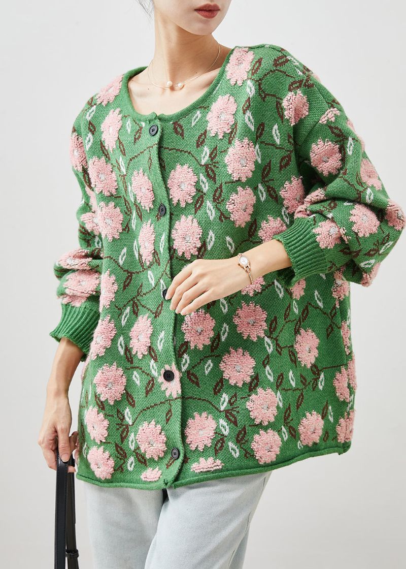 Groene Bloemenjacquard Gezellige Gebreide Vesten Oversized Winter