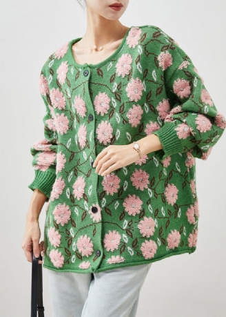 Groene Bloemenjacquard Gezellige Gebreide Vesten Oversized Winter