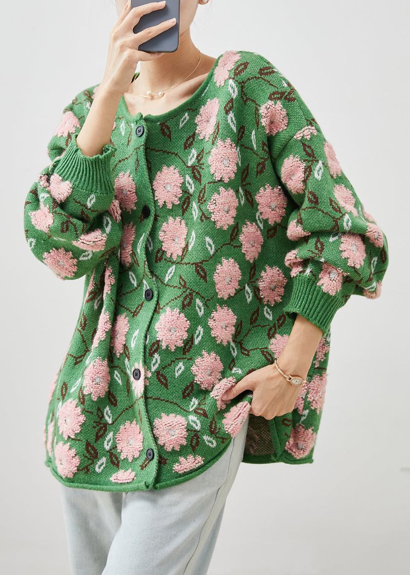 Groene Bloemenjacquard Gezellige Gebreide Vesten Oversized Winter - Dames cardigans